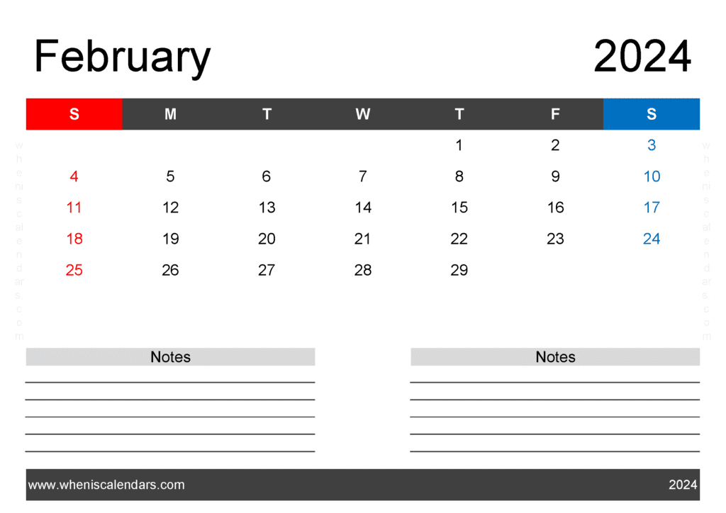 Download Printable Blank Calendar February 2024 A4 Horizontal F4203