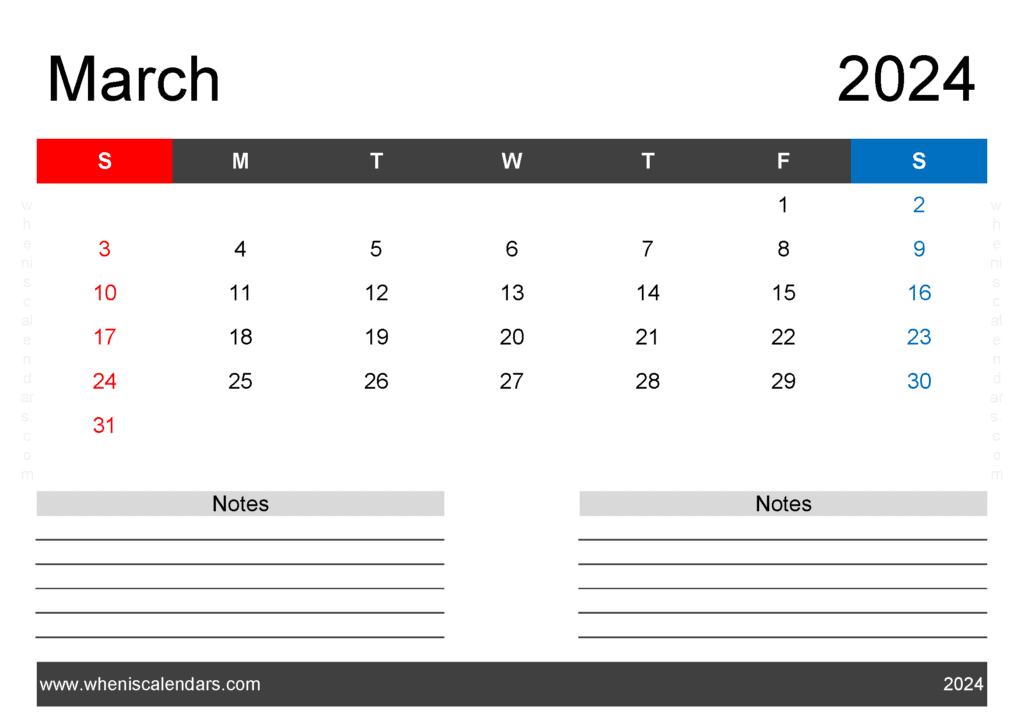 Download Printable Blank Calendar March 2024 A4 Horizontal M34203