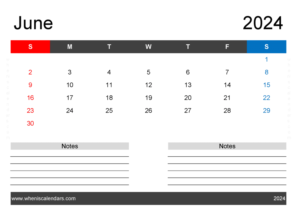 Download Printable Blank Calendar June 2024 A4 Horizontal J64203