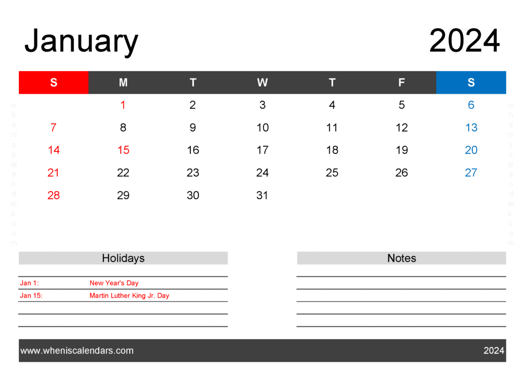 Blank Jan 2024 Calendar Printable pdf Monthly Calendar