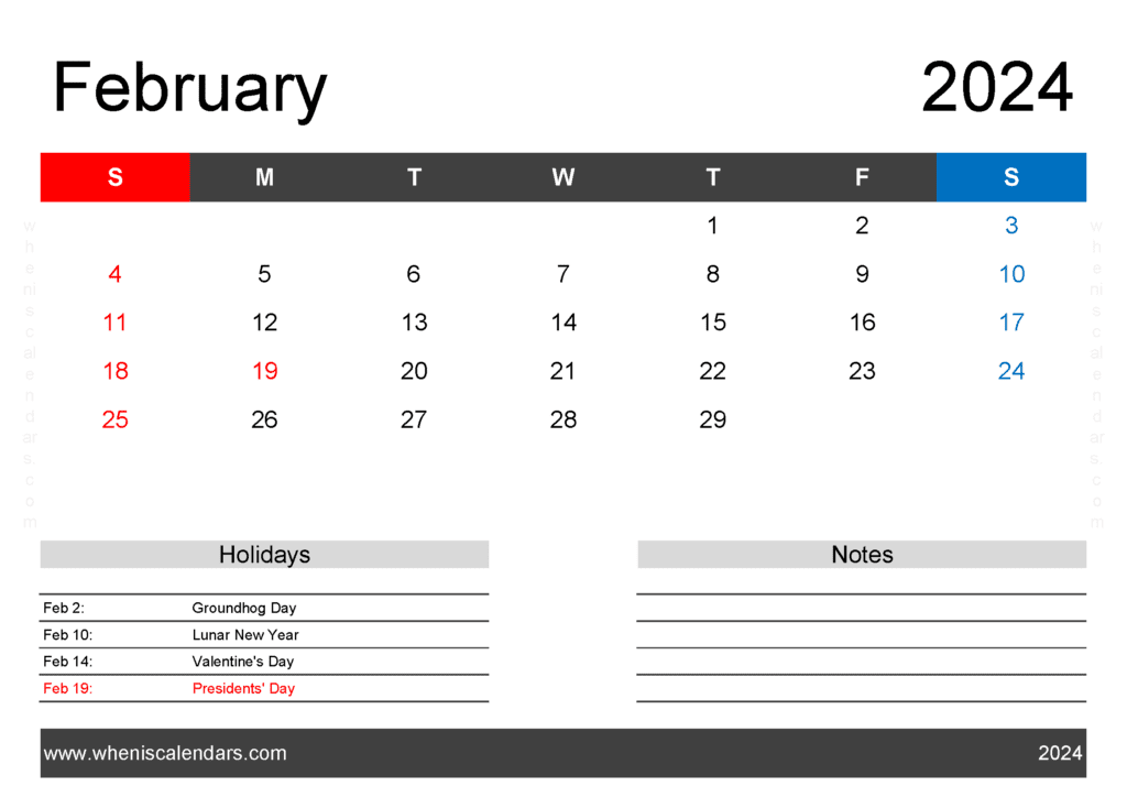 Download large February 2024 Calendar Printable A4 Horizontal F4403