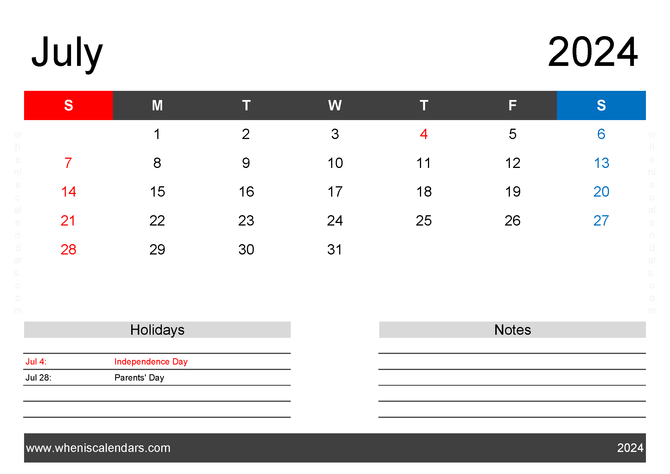 large July 2024 Calendar Printable Monthly Calendar