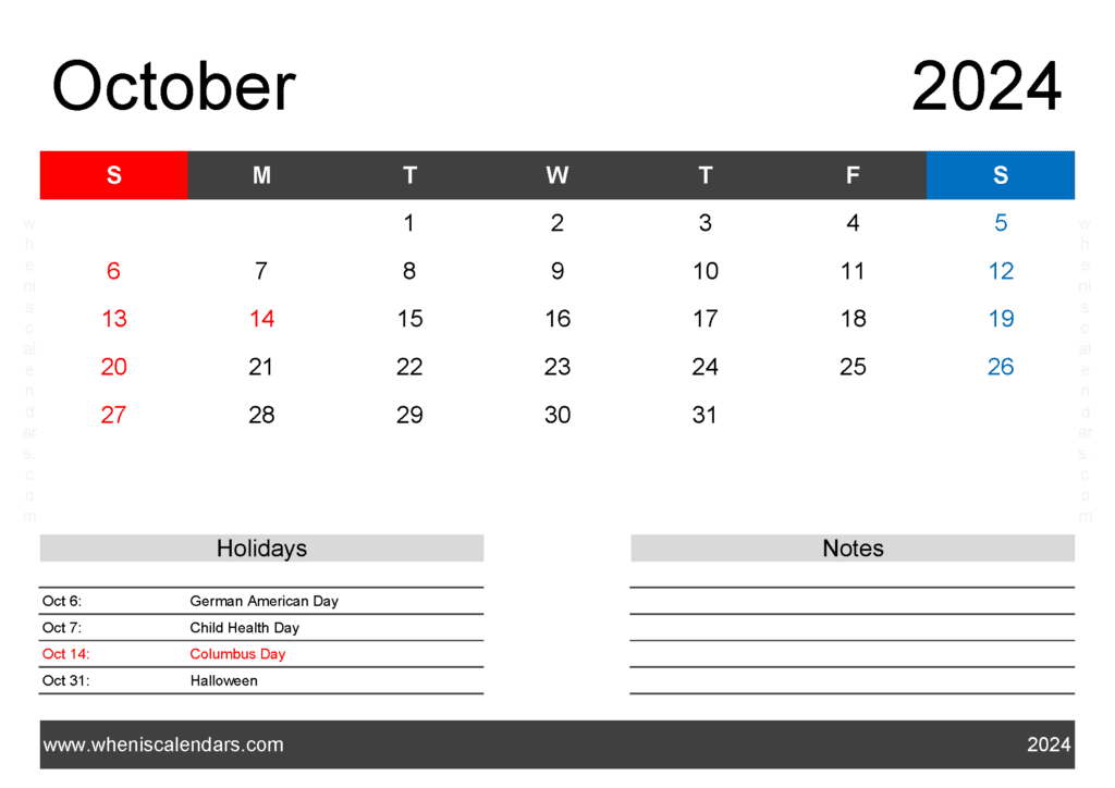 Download free October Calendar 2024 with Holidays printable A4 in Horizontal Landscape