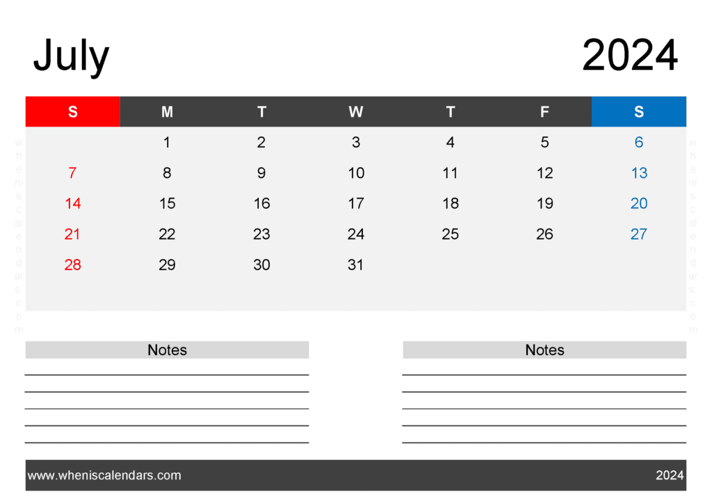 Download Free Printable Calendar July 2024 with Holidays A4 Horizontal J74204