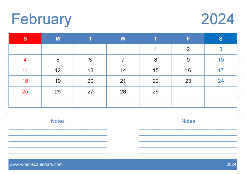 Download February 2024 Free Printable Calendar with Holidays A4 Horizontal F4205