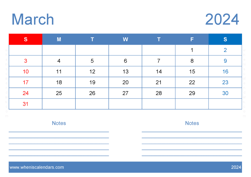 Download March 2024 Free Printable Calendar with Holidays A4 Horizontal M34205