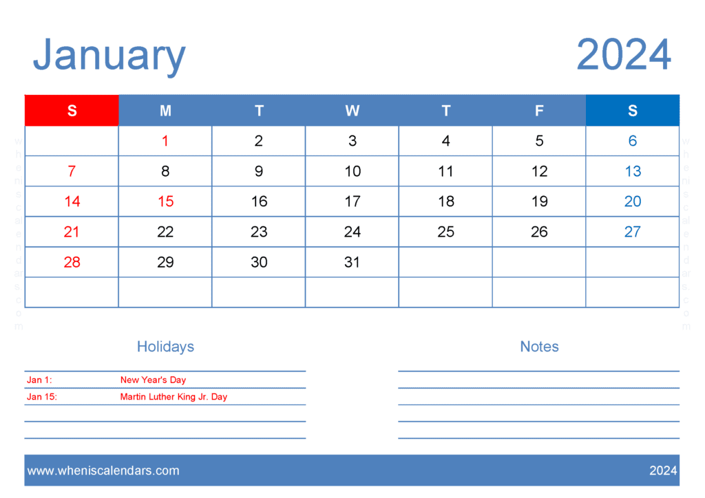 Download January 2024 Calendar Template editable A4 Horizontal J4405