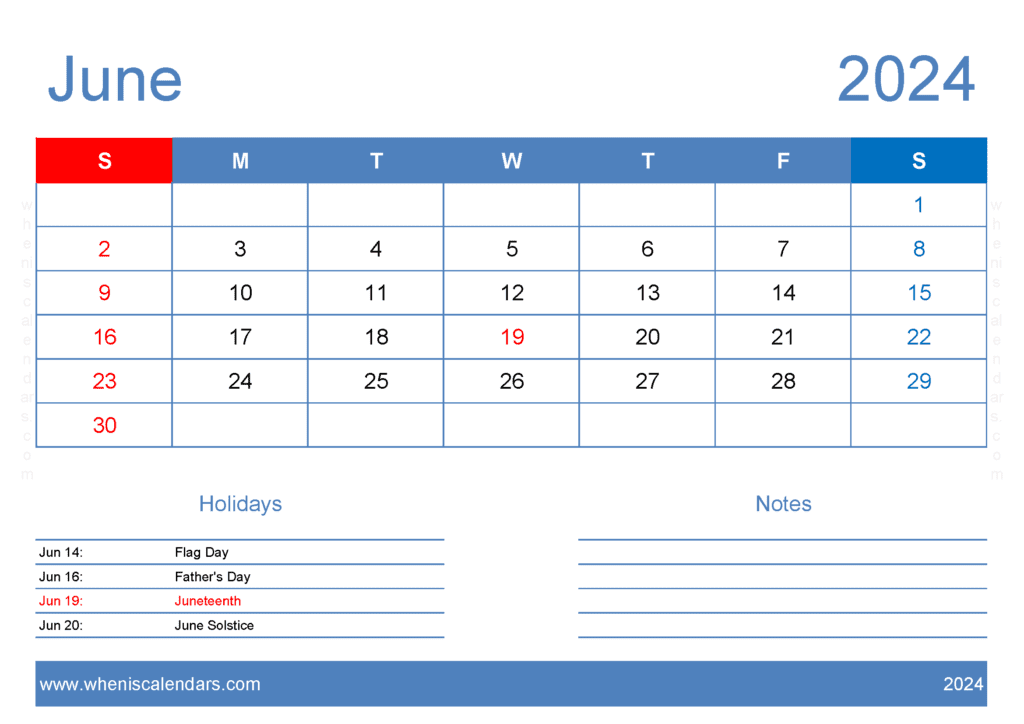 Download June 2024 Calendar Template editable A4 Horizontal J64405