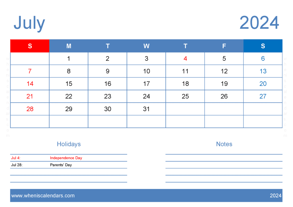 July 2024 Calendar Template editable J74405