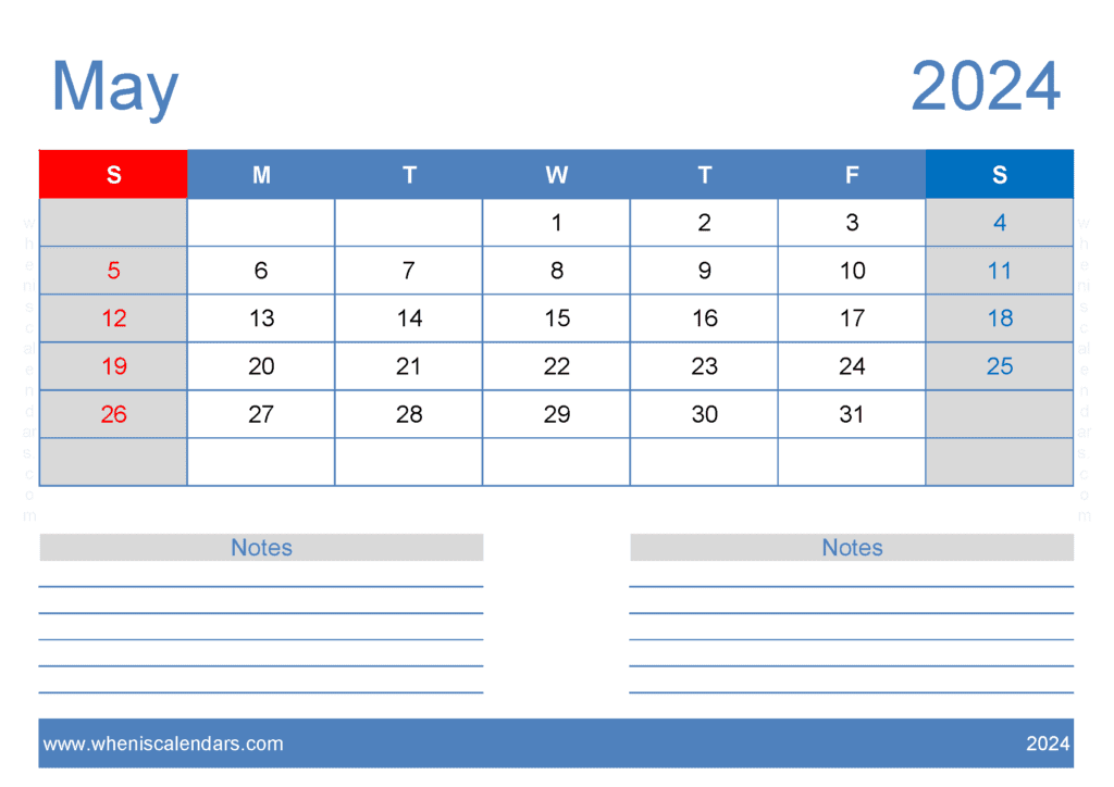 Download free May Calendar 2024 with Holidays printable A4 in Horizontal Landscape