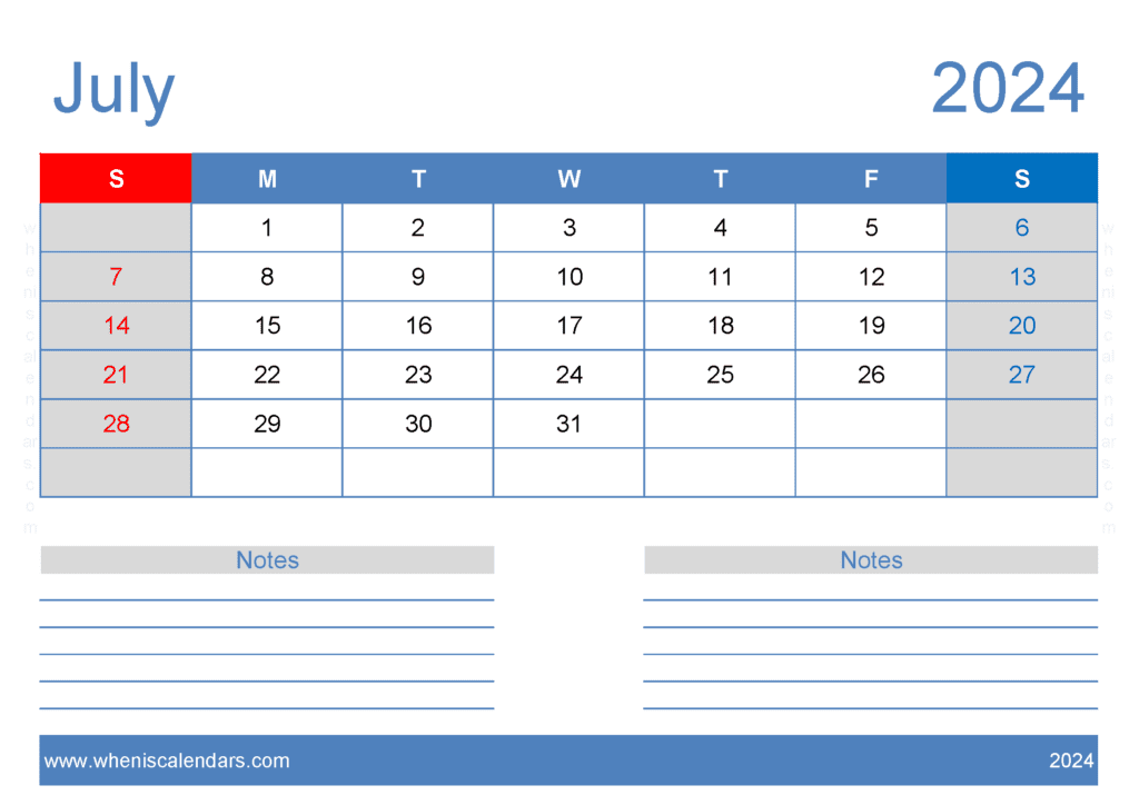 Download July Free Printable Calendar 2024 A4 Horizontal J74206