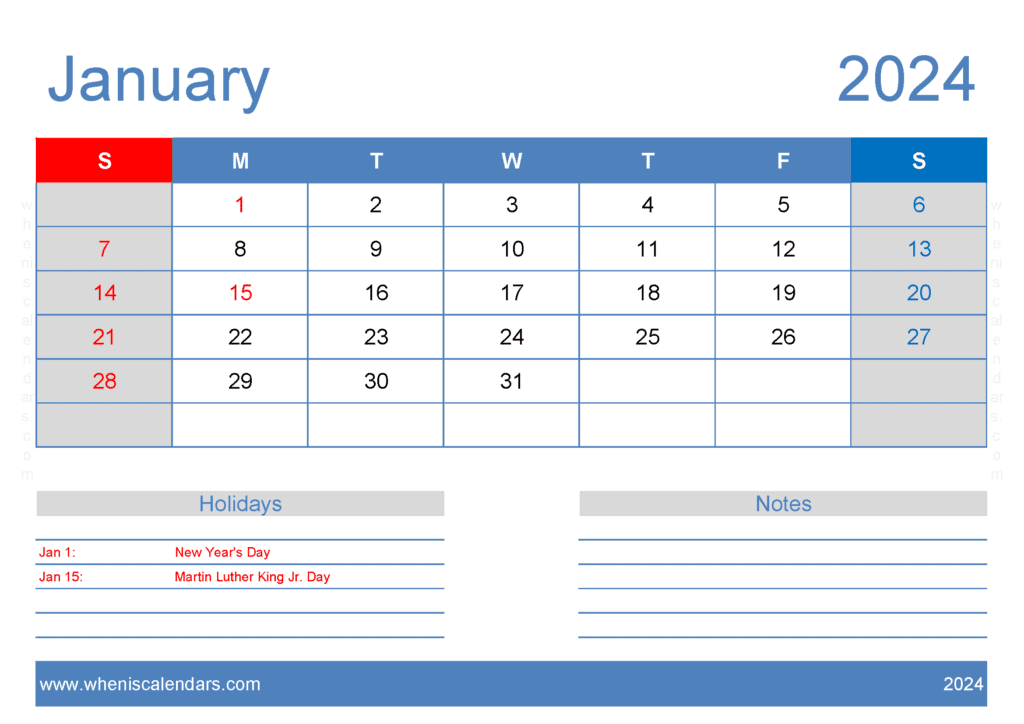 Free January Printable Calendar 2024 J14126