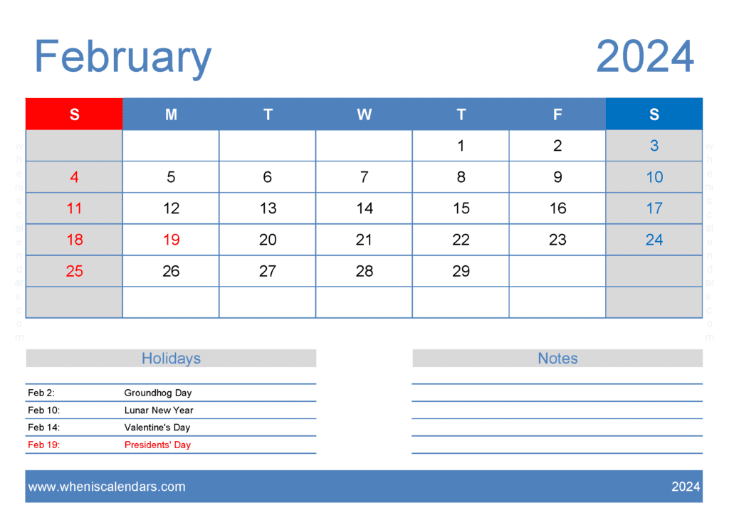 Free February Printable Calendar 2024 F24126