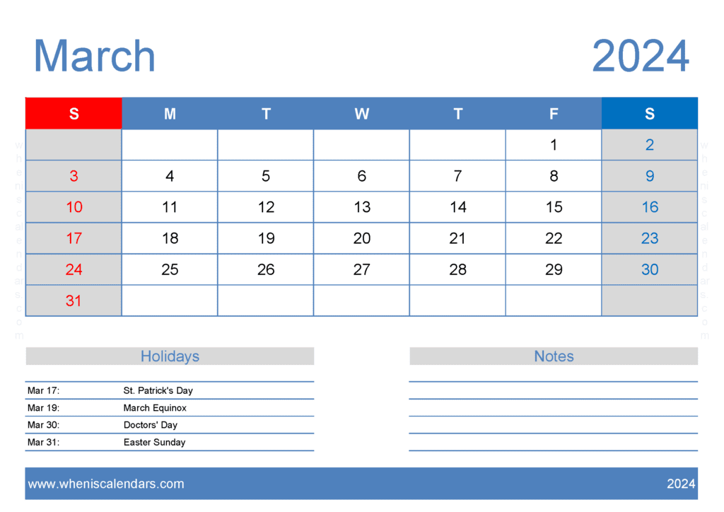 Download Blank month Calendar March 2024 A4 Horizontal M34406