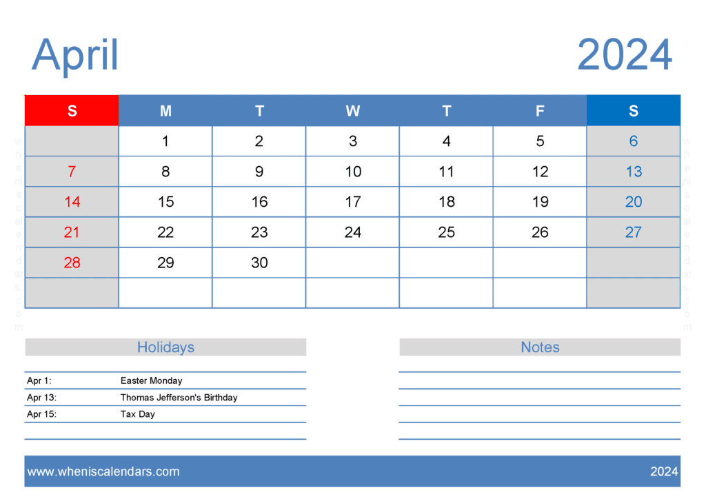 Blank month Calendar April 2024 Monthly Calendar