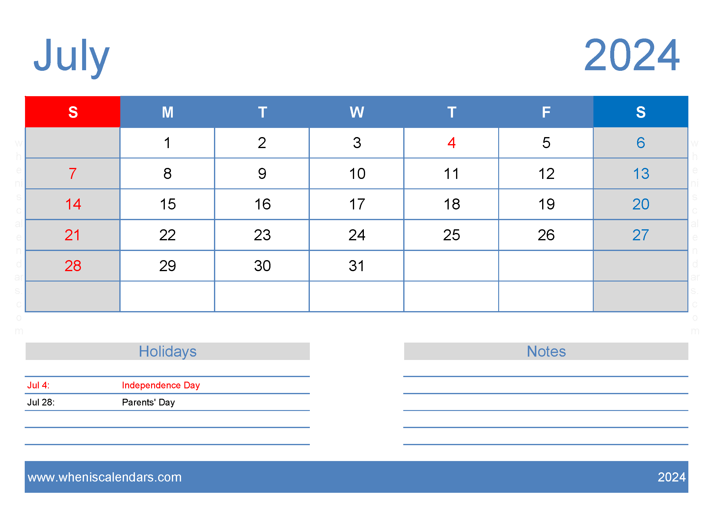 Blank month Calendar July 2024 Monthly Calendar