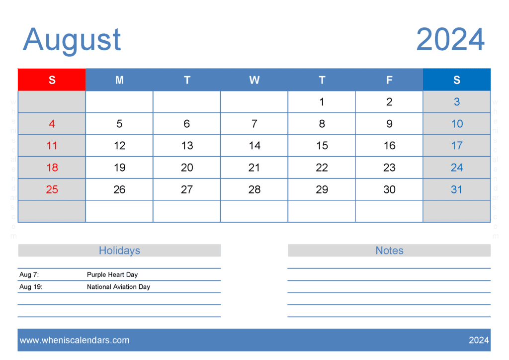 Free August Printable Calendar 2024 Monthly Calendar
