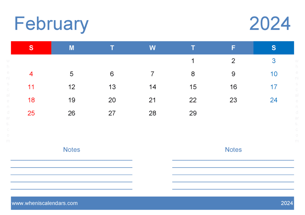 Download Printable 2024 Calendar February A4 Horizontal F4207