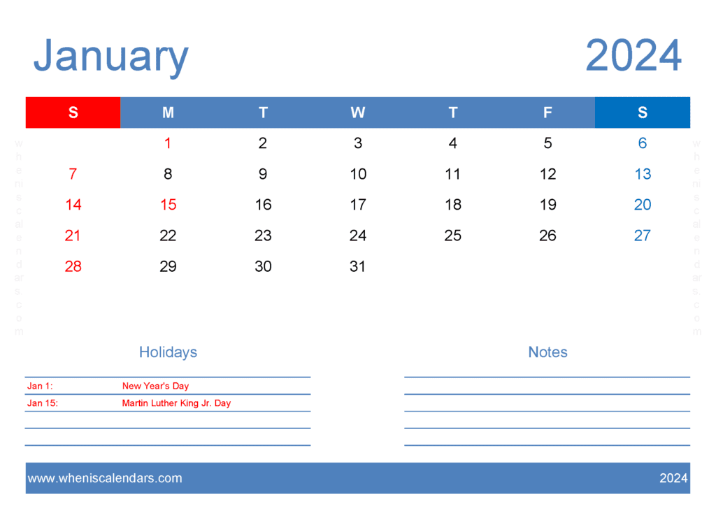 2024 January Calendar Template J14127