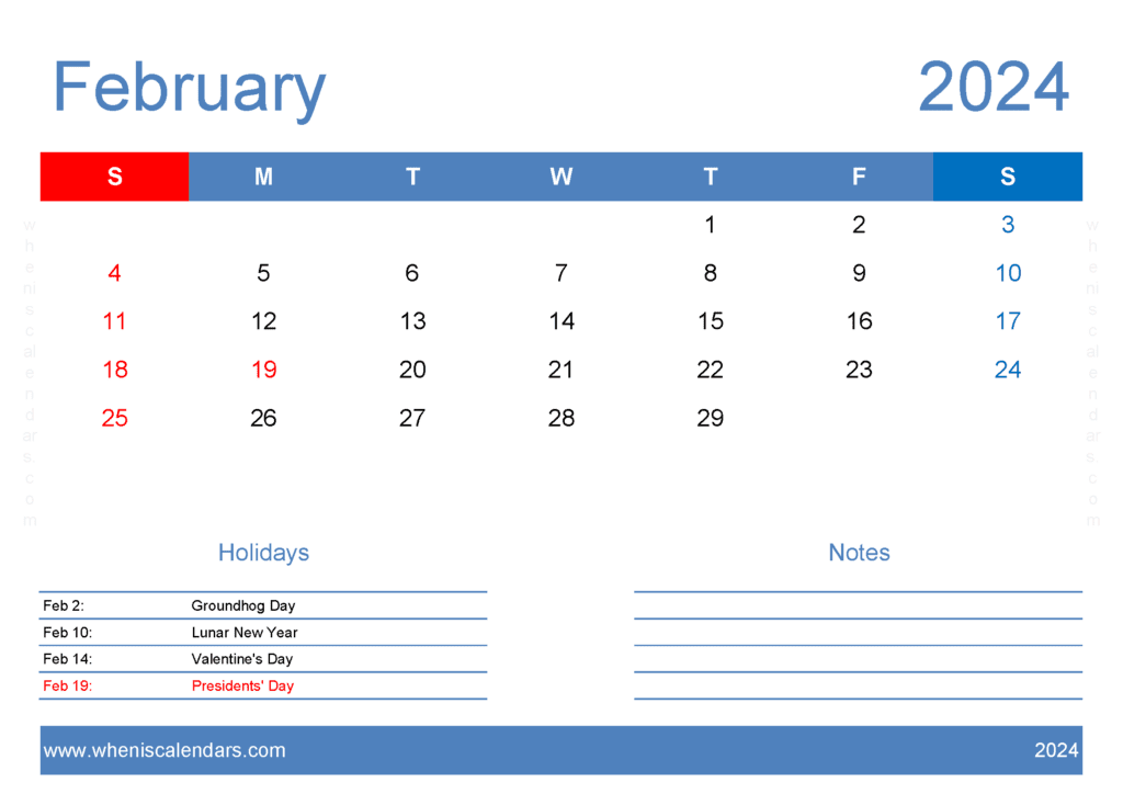 2024 February Calendar Template Monthly Calendar