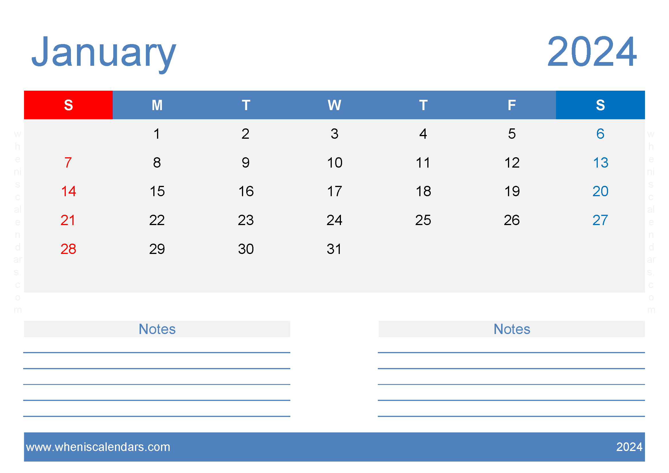 January 2024 Calendar page to print Monthly Calendar