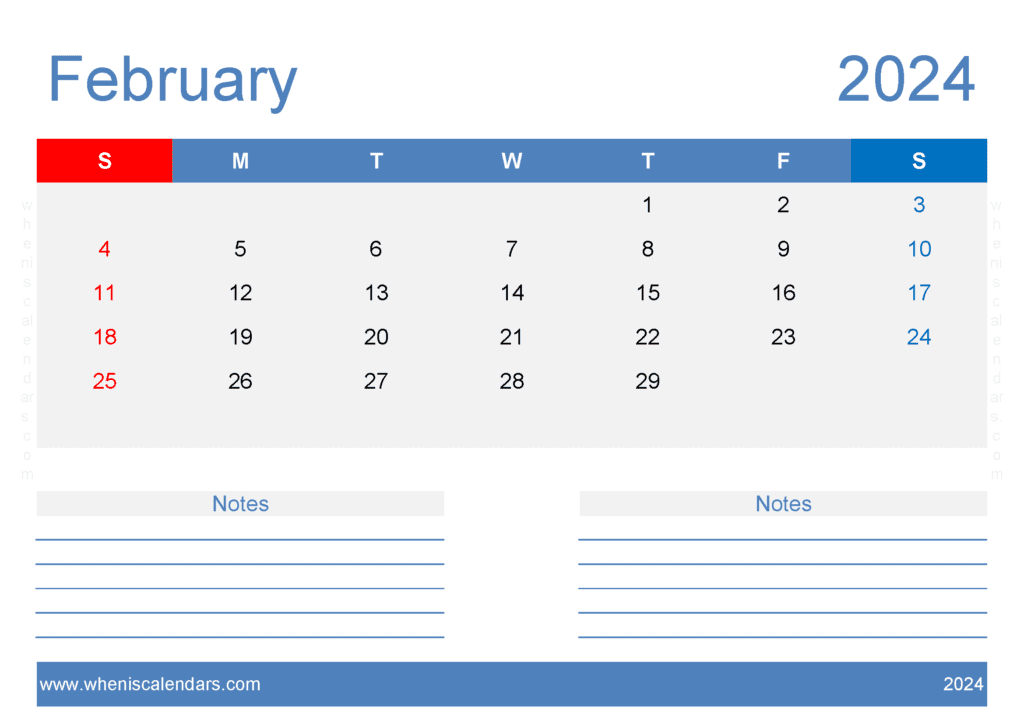 Download February 2024 Calendar page to print A4 Horizontal F4208