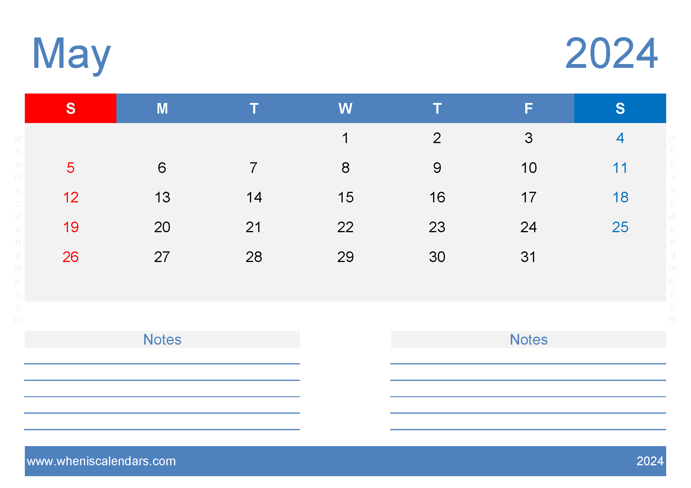 May 2024 Calendar page to print Monthly Calendar
