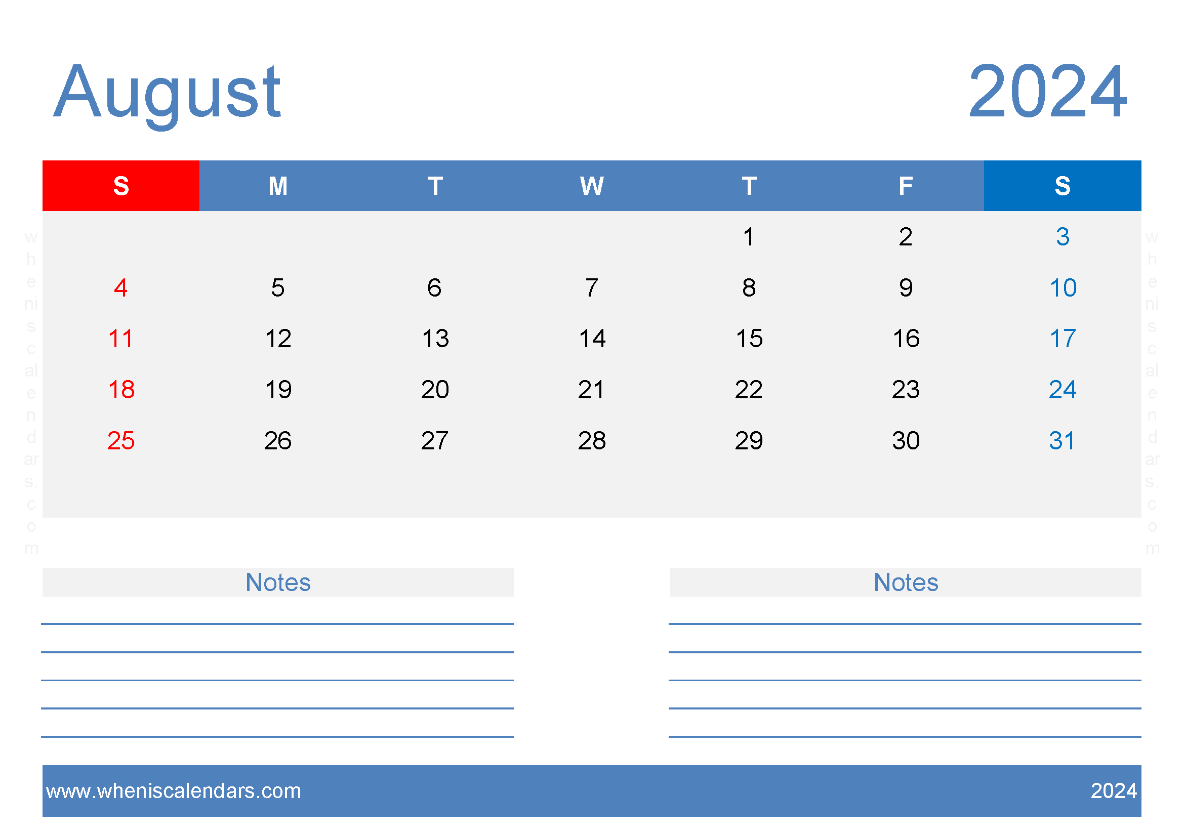 August 2024 Calendar page to print Monthly Calendar