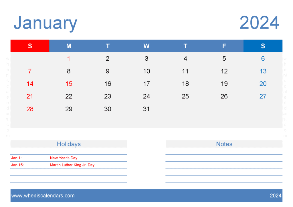 Download Free Blank January Calendar 2024 A4 Horizontal J4408