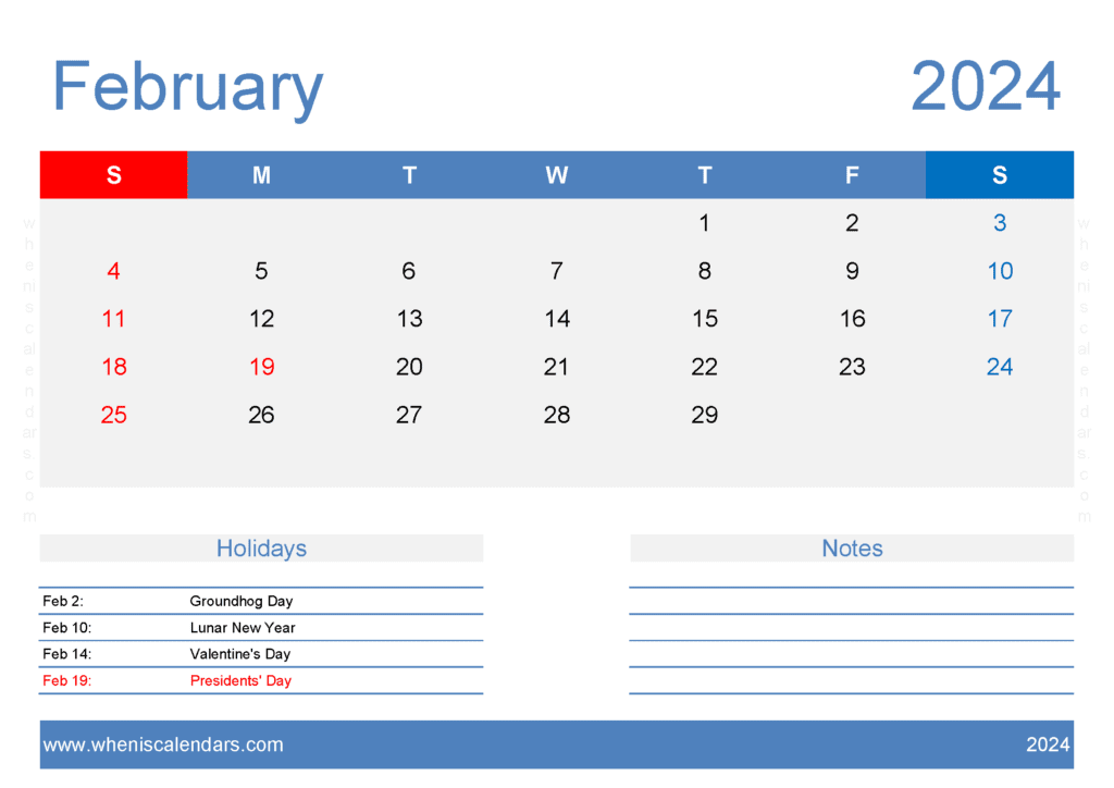 Download Free Blank February Calendar 2024 A4 Horizontal F4408