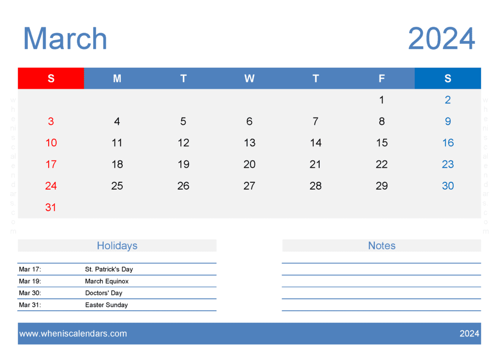 Download Free Blank March Calendar 2024 A4 Horizontal M34408