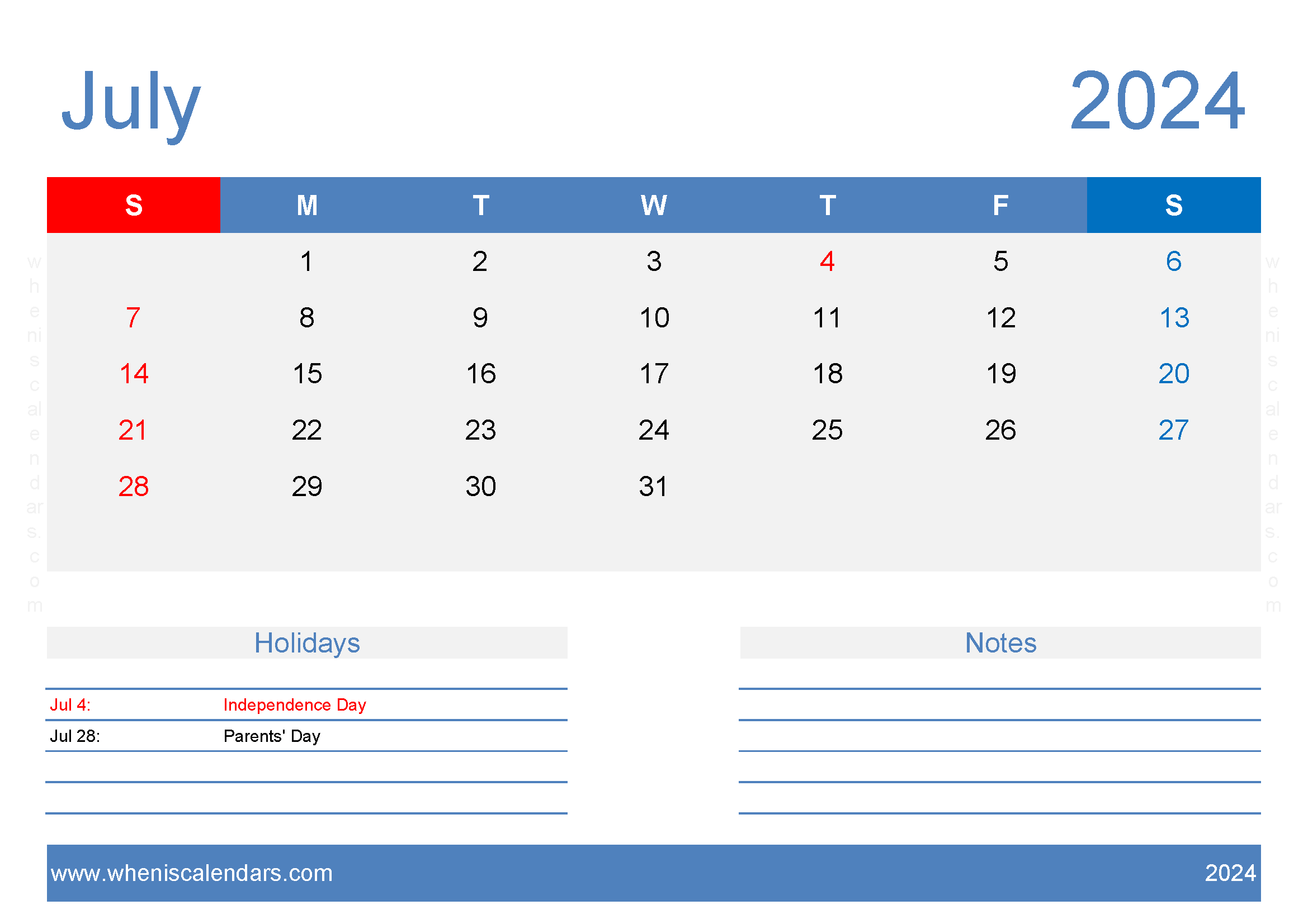 Free Blank July Calendar 2024 Monthly Calendar