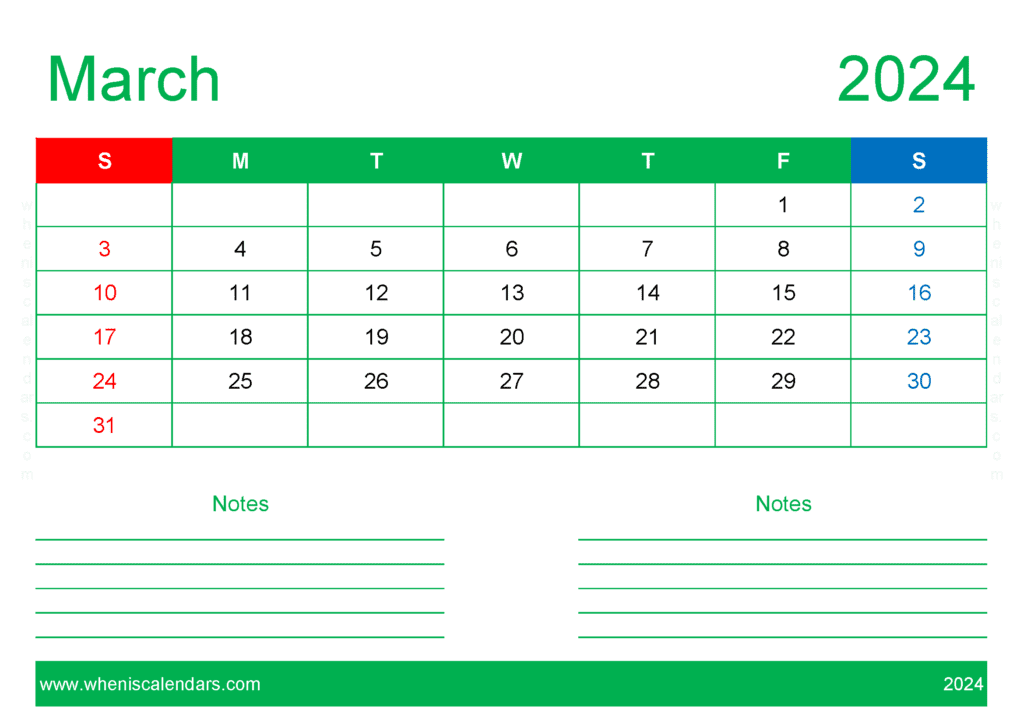 Download Free Blank March 2024 Calendar A4 Horizontal M34209