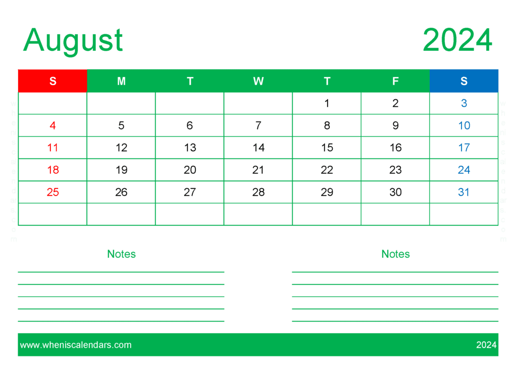 Download free August Calendar 2024 with Holidays printable A4 in Horizontal Landscape