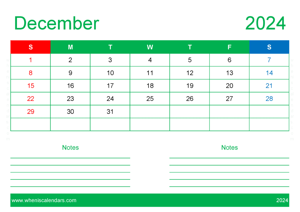 Download free December Calendar 2024 with Holidays printable A4 in Horizontal Landscape