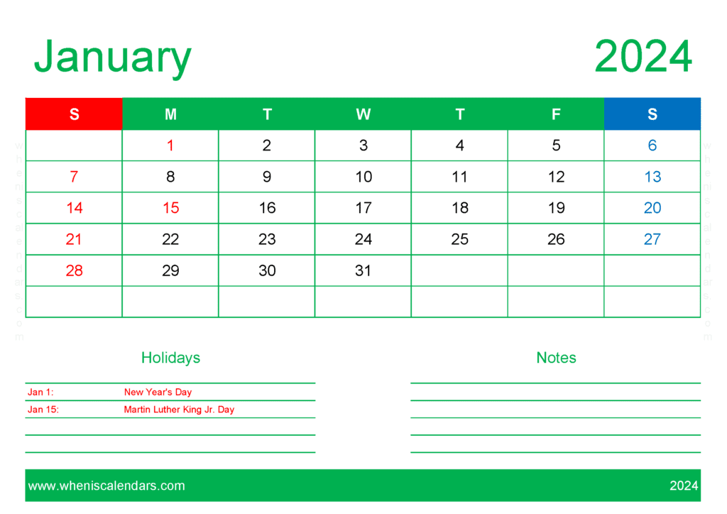 Download Free Printable Calendars 2024 January A4 Horizontal J4409