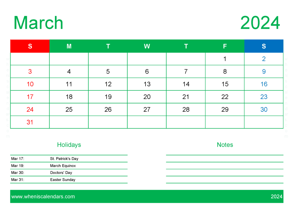 Download Free Printable Calendars 2024 March A4 Horizontal M34409