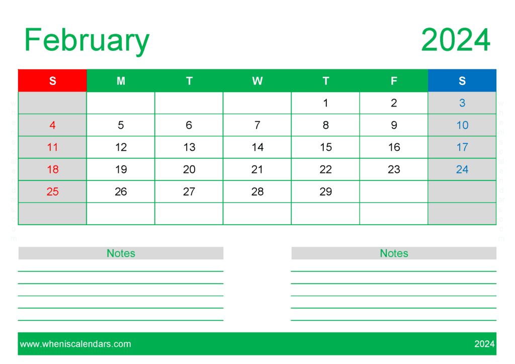 Download February month 2024 Holidays A4 Horizontal F4210