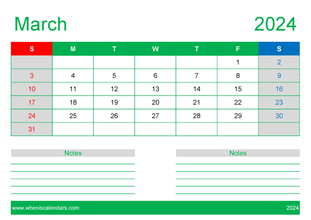 Download March month 2024 Holidays A4 Horizontal M34210