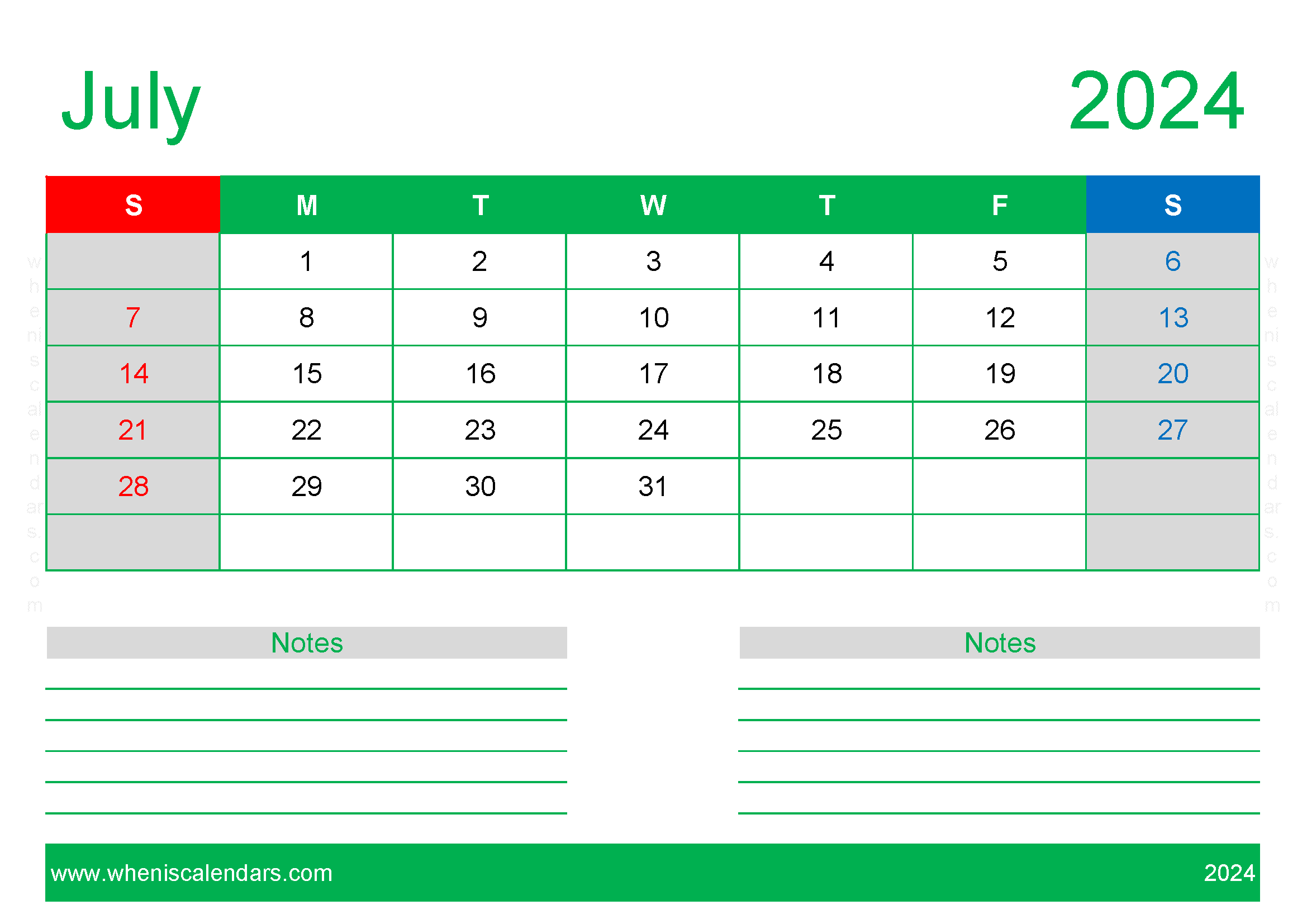 July month 2024 Holidays Monthly Calendar
