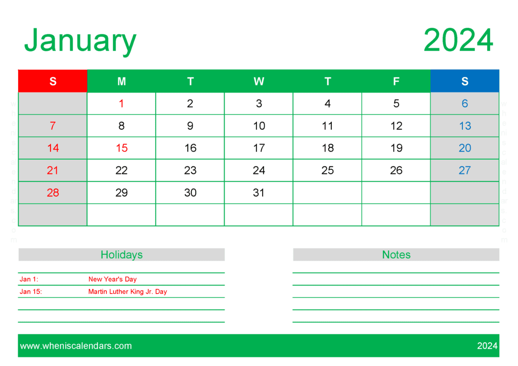 Jan 2024 Calendar Free Printable J14130