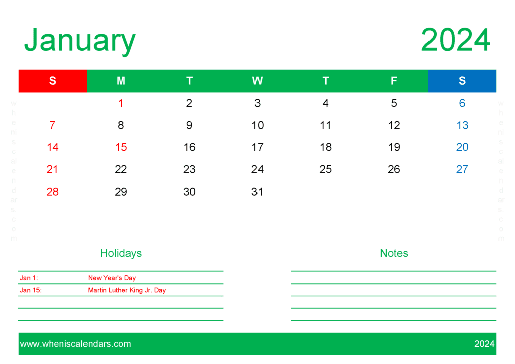 month of January Calendar Printable 2024 Monthly Calendar