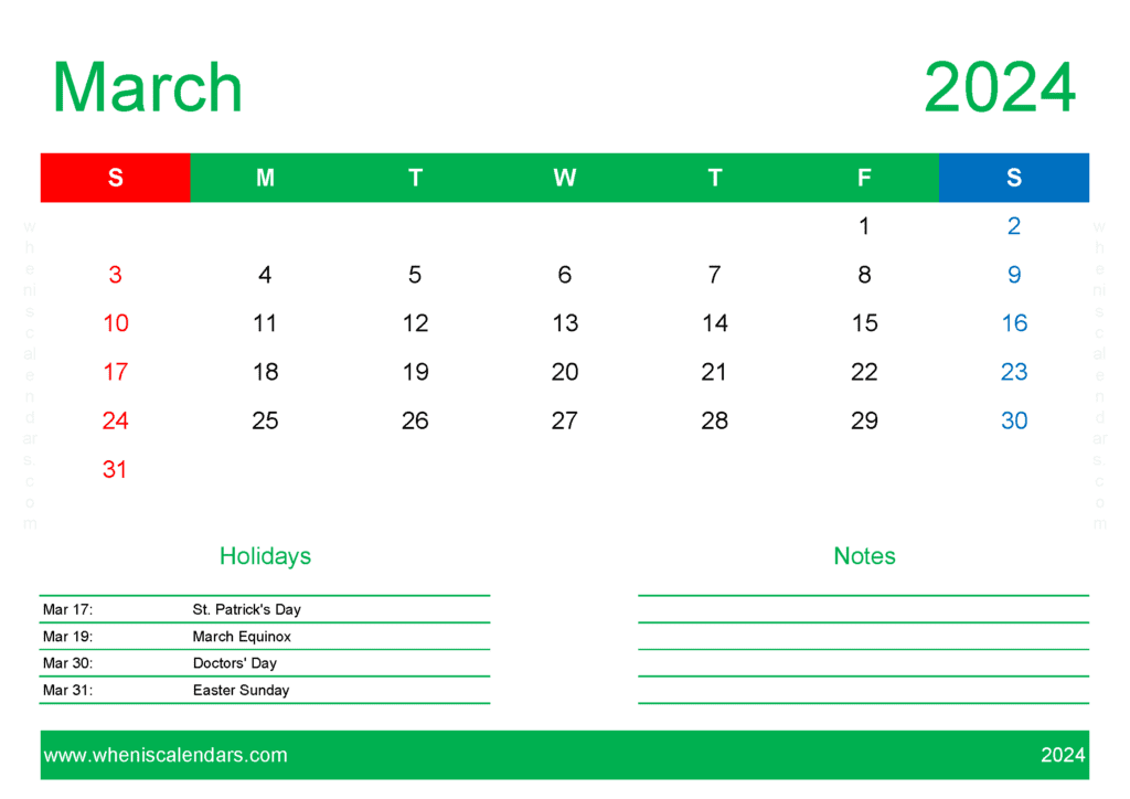 Download month of March Calendar Printable 2024 A4 Horizontal M34411