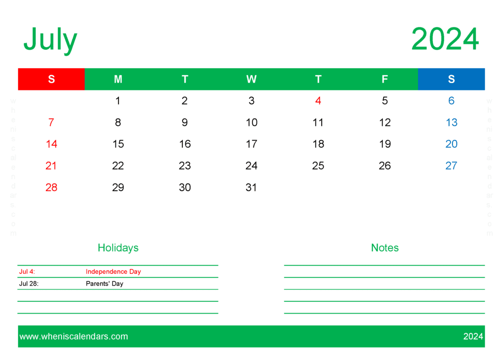 Download month of July Calendar Printable 2024 A4 Horizontal J74411