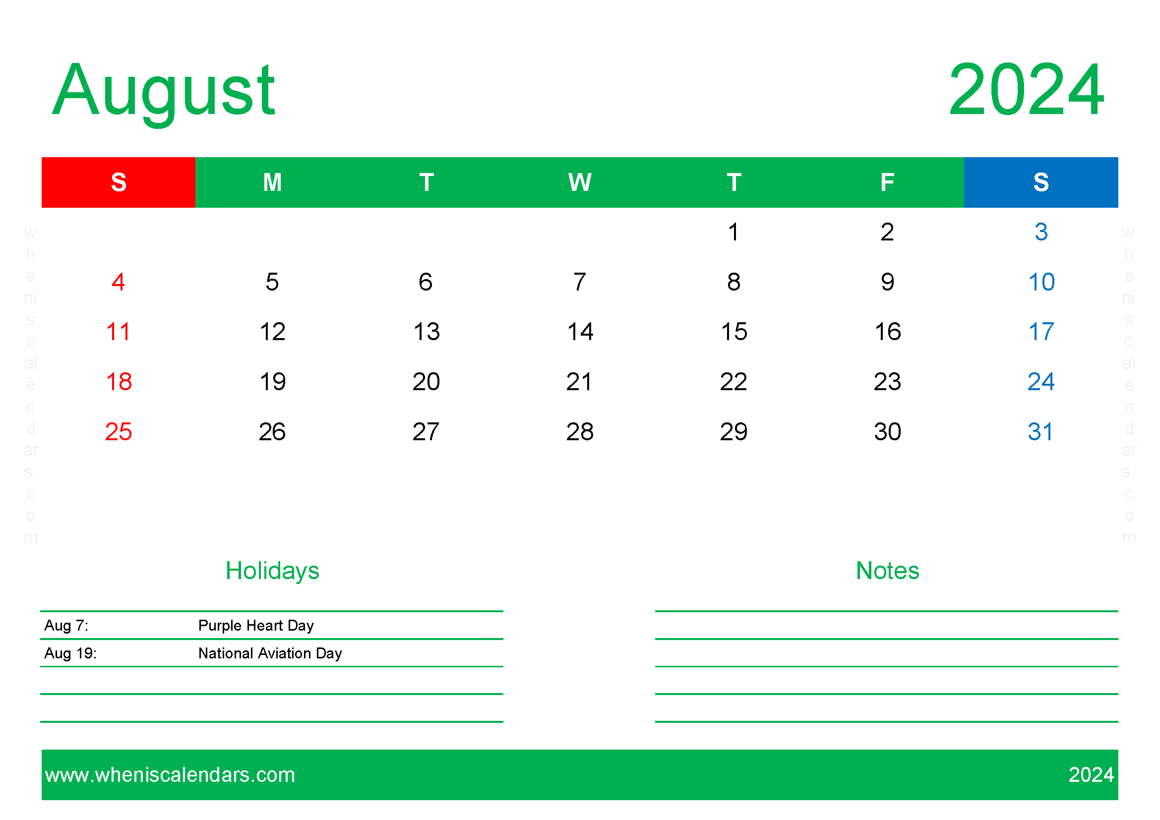 month of August Calendar Printable 2024 Monthly Calendar