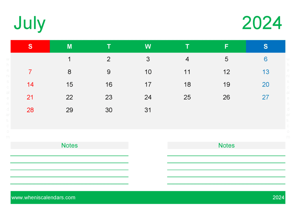 Download editable Calendar Template July 2024 A4 Horizontal J74212