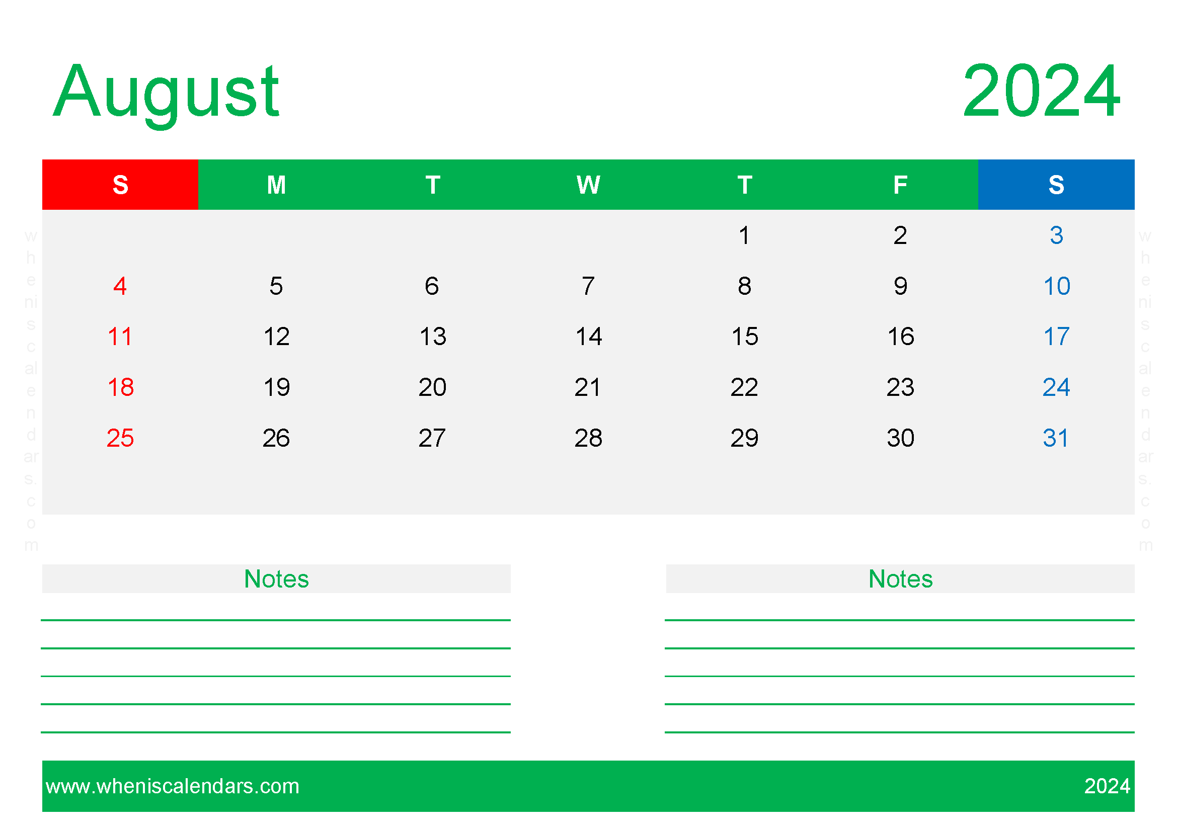 editable Calendar Template August 2024 Monthly Calendar