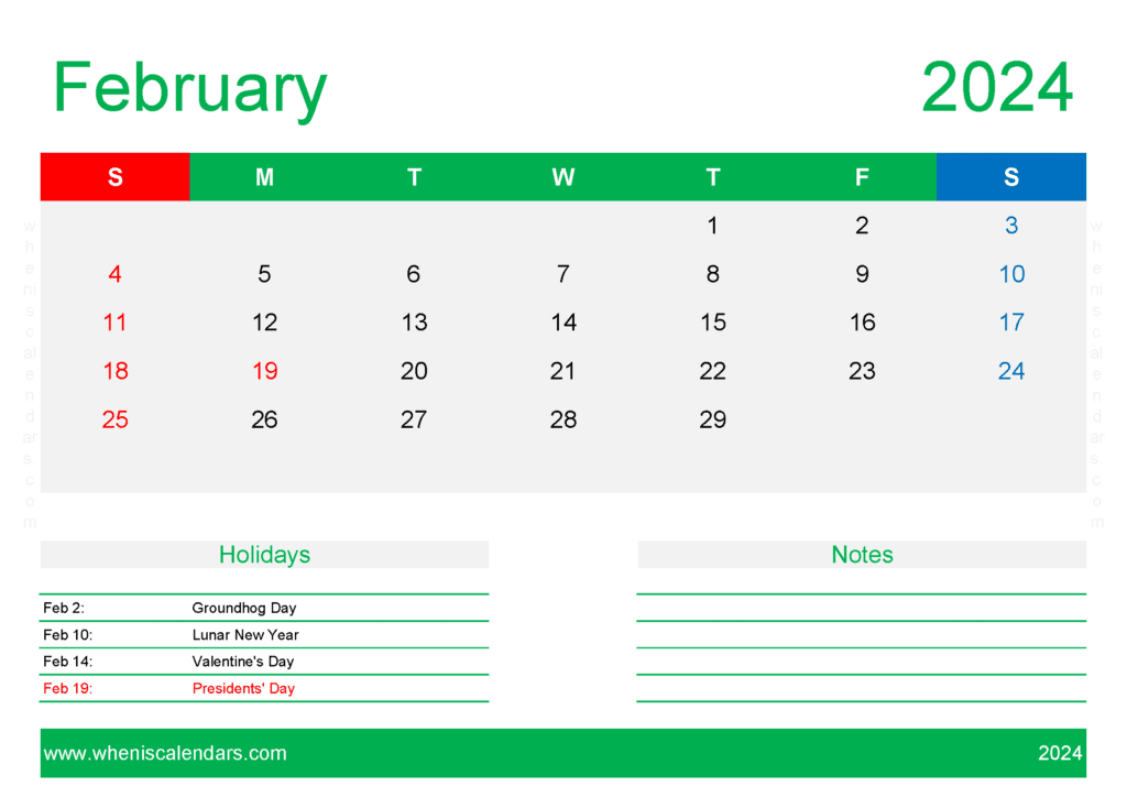 Download Blank February Calendar Template 2024 A4 Horizontal F4412