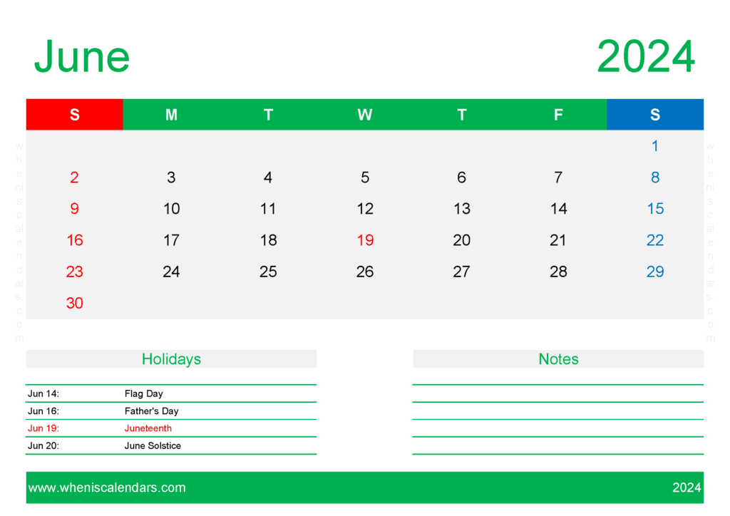 Download Blank June Calendar Template 2024 A4 Horizontal J64412