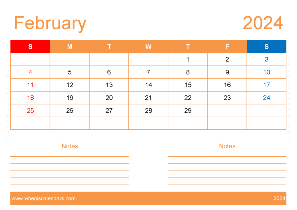Download Free Printable Calendar com February 2024 A4 Horizontal F4213
